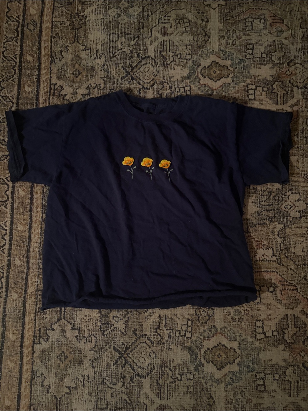 Brandy Melville Navy crop Tee with Three Yellow Flower Embroidery